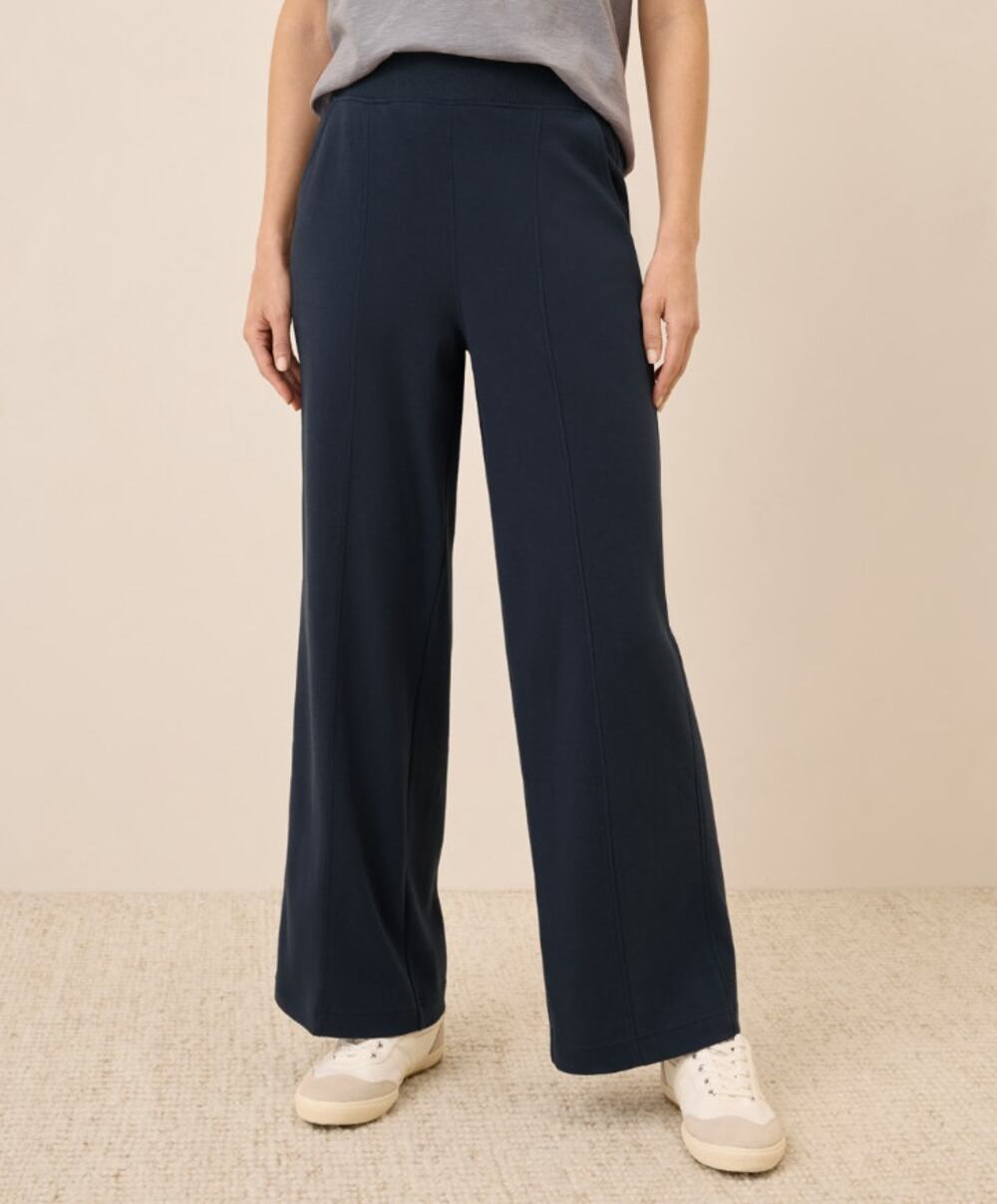 Pact Organic Airplane Pintuck Wide Leg Pants Midnight Blue Pull On Travel Casual